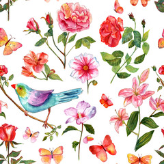 Seamless background pattern with watercolor bird, butterflies and flowers