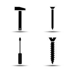 hammer with a nail and a screw with a screwdriver. set of vector icons