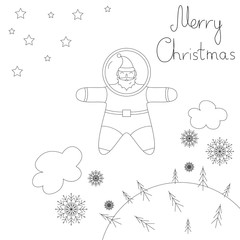 Santa is flying in space above the earth. contour Plot. On the earth it is snowing. Above the earth Santa astronaut is coming with Merry Christmas.