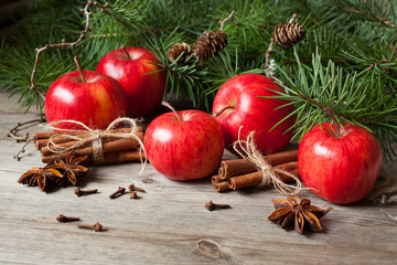 Red apples and cinnamon , anise on table with fir branches