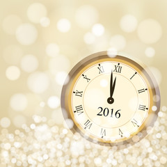 2016 New Year greeting card with glittering golden background and vintage clock