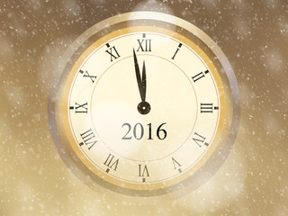 Obraz na płótnie Canvas 2016 New Year greeting card with golden background, vintage clock and falling snow