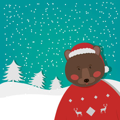funny Bear on winter background. New Year and Christmas greeting card. Vector illustration