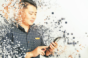 asian businessman using a tablet pc at white background