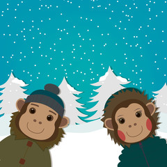 funny Monkeys on winter landscape. New Year and Christmas greeting card. Chinese Zodiac 2016. Cute Animal. Cartoon Character. Vector.
