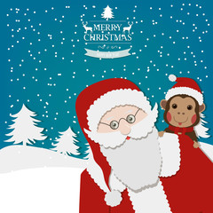 Santa claus and Chinese Zodiac - Monkey Christmas background. Vector illustration. 2016 New Year Symbol.