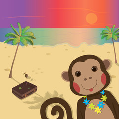 funny Monkey on tropical island. New Year and Christmas greeting card. Chinese Zodiac 2016. Cute Animal. Cartoon Character. Vector.