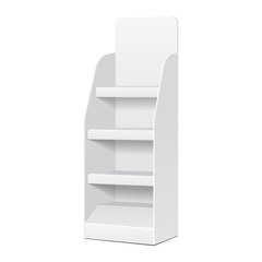 White POS POI Cardboard Blank Empty Displays With Shelves Products On White Background Isolated. Ready For Your Design. Product Packing. 