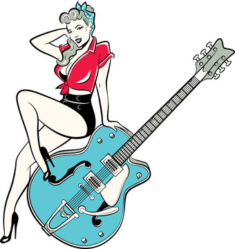 Rockabilly pinup girl wearing a bandana and high heels sitting on a guitar