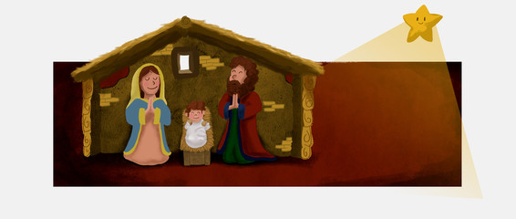 Portal de Belén y estrella de Navidad. Dibujo de postal navideña con la Virgen María, San José y el Niño Jesús en el portal de Belén