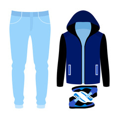 Set of  trendy men's clothes. Outfit of man blazer, pants and sneakers. Men's wardrobe. Vector illustration