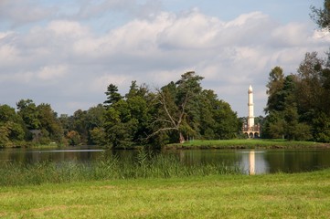 Fototapeta premium Park with minaret near castle Lednice in Southern Moravia, Czech republic.