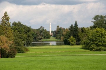 Park with minaret near castle Lednice in Southern Moravia, Czech republic.