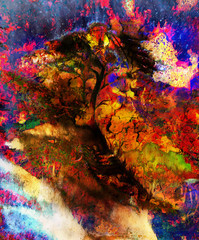 Painting tree, wallpaper landscape, color collage. and abstract grunge background with spots, computer collage. Blue, black, yellow, green and violet color.