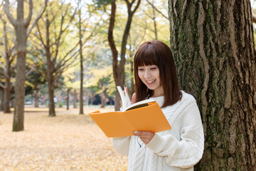 Fototapeta premium 紅葉した森で読書をする女性