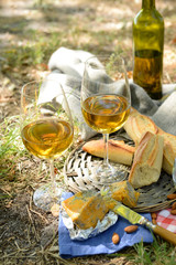 Beautiful composition of wine, cheese, almonds and baguette, outdoors