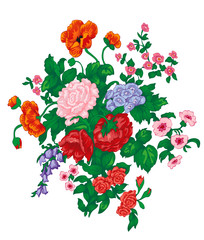 Vector bouquet with red rose, poppies, bluebells, wild flowers and green leaves isolated on white.