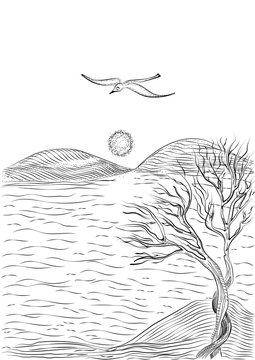 landscape with tree on a hilly sea shore and flying seagull. Monochrome freehand ink drawn sketch in art doodle style pen.