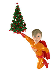 Fun superhero and Christmas tree