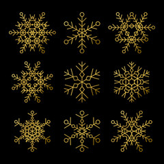 Vector linear golden snowflakes icons set.