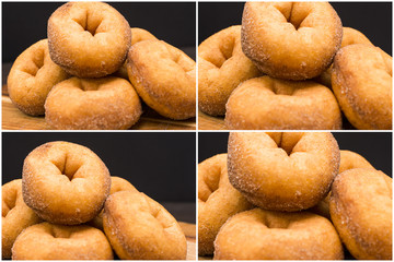 Group of fresh baked cinnamon donuts with a multiple effect.