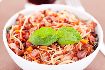 Spaghetti with rabbit and tomatos