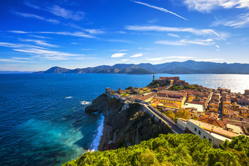 Elba island, Portoferraio aerial view. Lighthouse and fort. Tusc - obrazy, fototapety, plakaty