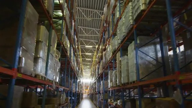 Camera Fly Through Logistics Warehouse Shelves