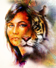 painting of a bright mighty tiger head on ornamental background and mystic woman face, computer collage.