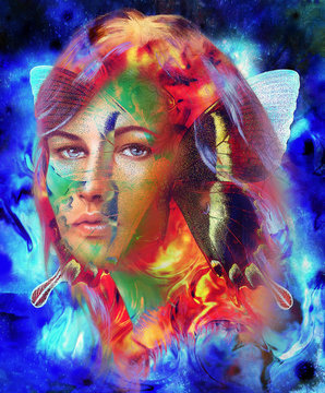 Beautiful Goddness women and color butterfly, mixed media, abstract color background.