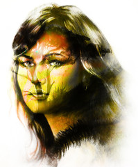 Goddess woman, with ornamental face and tree, and color abstract background. meditative eyes, computer collage. Brown, orange, yellow, black and white color.