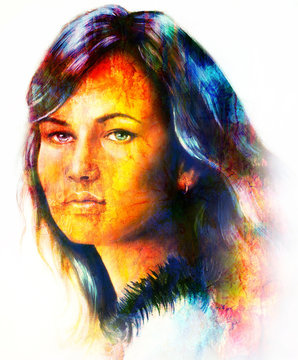 Young woman portrait, with long dark hair , color painting collage. Brown, orange, yellow, black and white color.