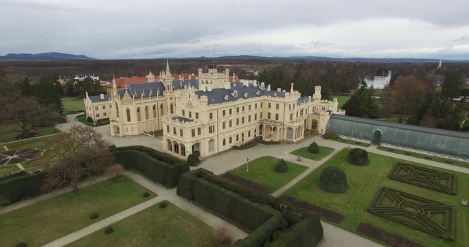 Aerial view of Lednice Castle in Czech Republic