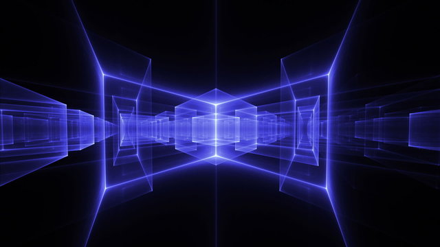 Blue geometrical horizon stretching off to infinity, translucent cubes rotating in perspective on black background, animated abstract illustration, 30fps, HD1080, seamless loop, 