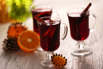 Mulled wine on wooden table