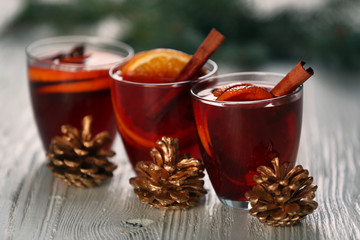 Mulled wine on wooden table