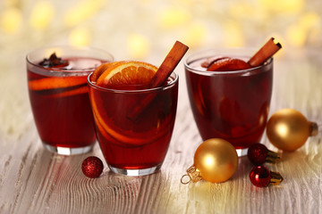 Mulled wine on wooden table