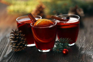 Mulled wine on wooden table