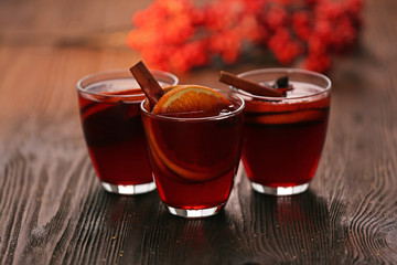 Mulled wine on wooden table