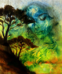 Goddess woman, with ornamental face and tree, and color abstract background. meditative closed eyes,  computer collage.