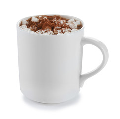 White cup of cacao with zephyr, isolated on white