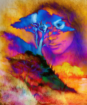 Goddess woman, with ornamental face and tree, and color abstract background. meditative closed eyes. Blue, black, yellow and red color.