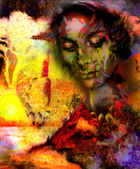 Goddess woman, with ornamental face and tree, and color abstract background. meditative closed eyes,  computer collage. Red, orange, yellow color.