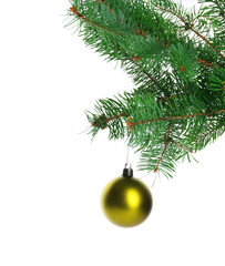 Obraz na płótnie Canvas Christmas yellow bauble on a fir branch, isolated on white