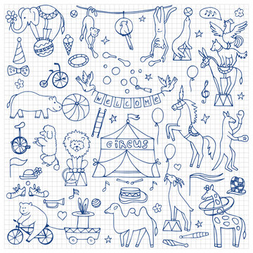 Hand drawn circus set on squared paper