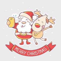 Vector illustration of santa claus and reindeer make selfie with
