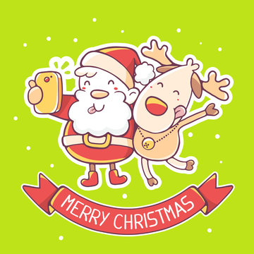Vector illustration of santa claus and reindeer make selfie with