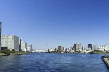 Fototapeta na wymiar 中央大橋から望む東京スカイツリー　快晴青空