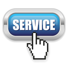 Blue service button with metal border and hand cursor 