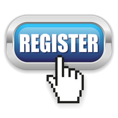 Blue register button with metal border and hand cursor 